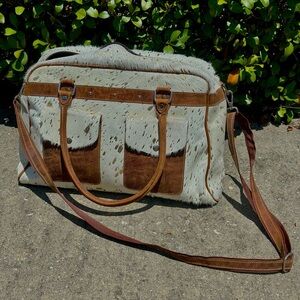 Cowhide and Leather White and Gold Metallic Duffle Bag